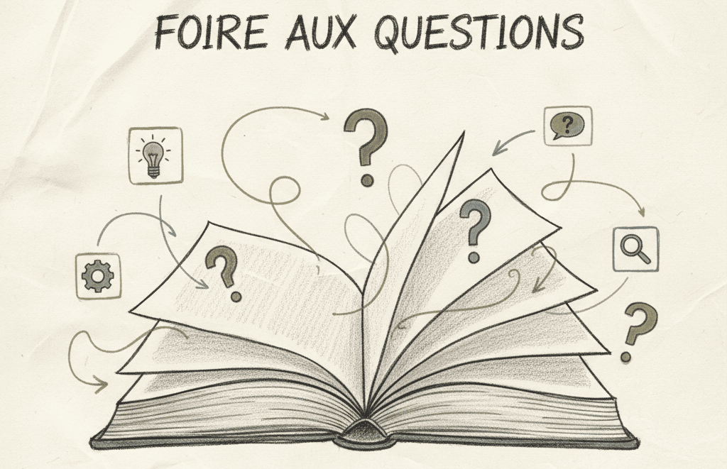 Dessin d'un livre ouvert avec plusieurs points d'interrogation autour