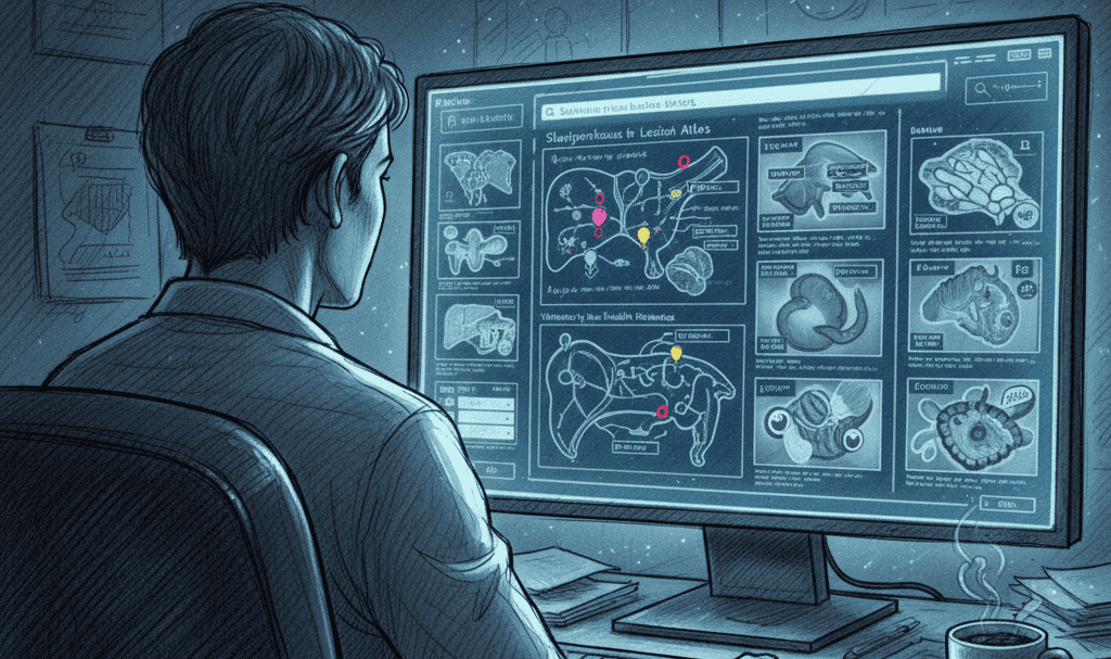 Dessin d'un homme regardant un écran de pc, qui lui affiche une anatomie bovine.